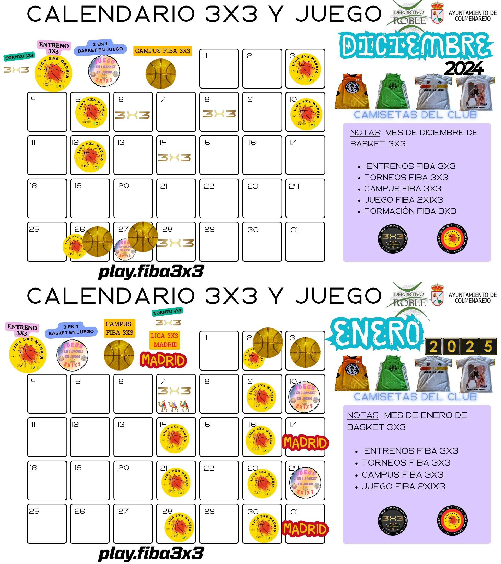 Calendario de 3×3 Diciembre de 2024 y Enero de 2025